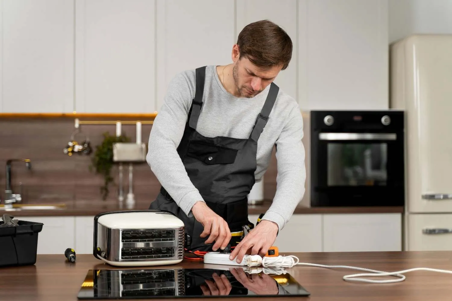 Technician testing a small kitchen appliance on the counter